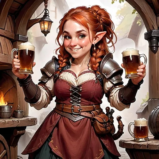 Prompt: Dnd Themed, Meryn is a stout dwarf woman in her early 30s with a cheerful round face, braided auburn hair, and rosy cheeks. She wears a simple but well-maintained dress, her sleeves often rolled up as she bustles around the inn with tankards of ale. Her quick movements and infectious energy make her a favorite among regulars.