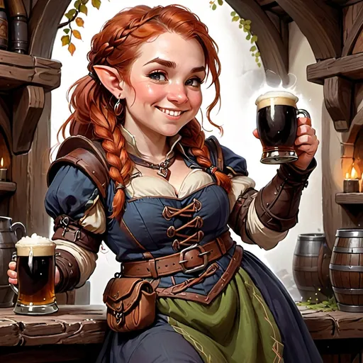 Prompt: Dnd Themed, Meryn is a stout dwarf woman in her early 30s with a cheerful round face, braided auburn hair, and rosy cheeks. She wears a simple but well-maintained dress, her sleeves often rolled up as she bustles around the inn with tankards of ale. Her quick movements and infectious energy make her a favorite among regulars.