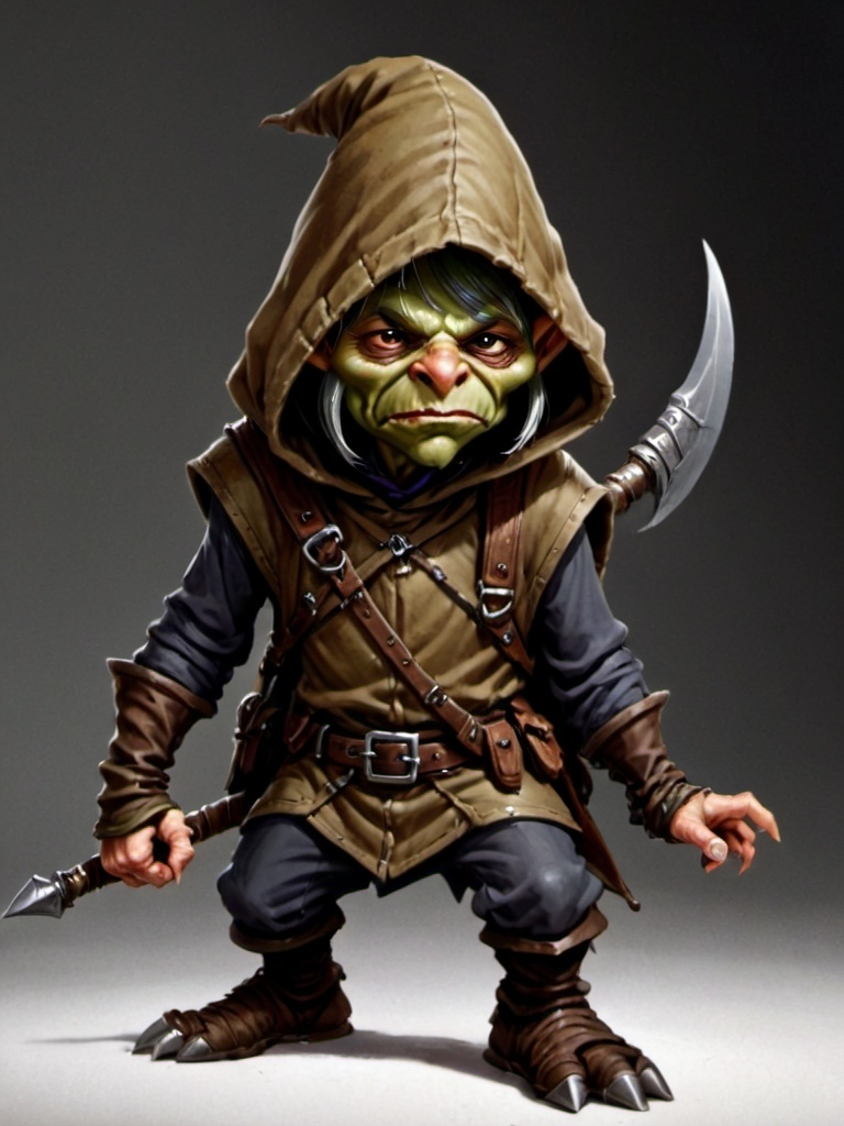 Prompt: Goblin Raider has a mask over his lower face covering his mouth and a hood over the top of his head, he has a scimitar and short bow,