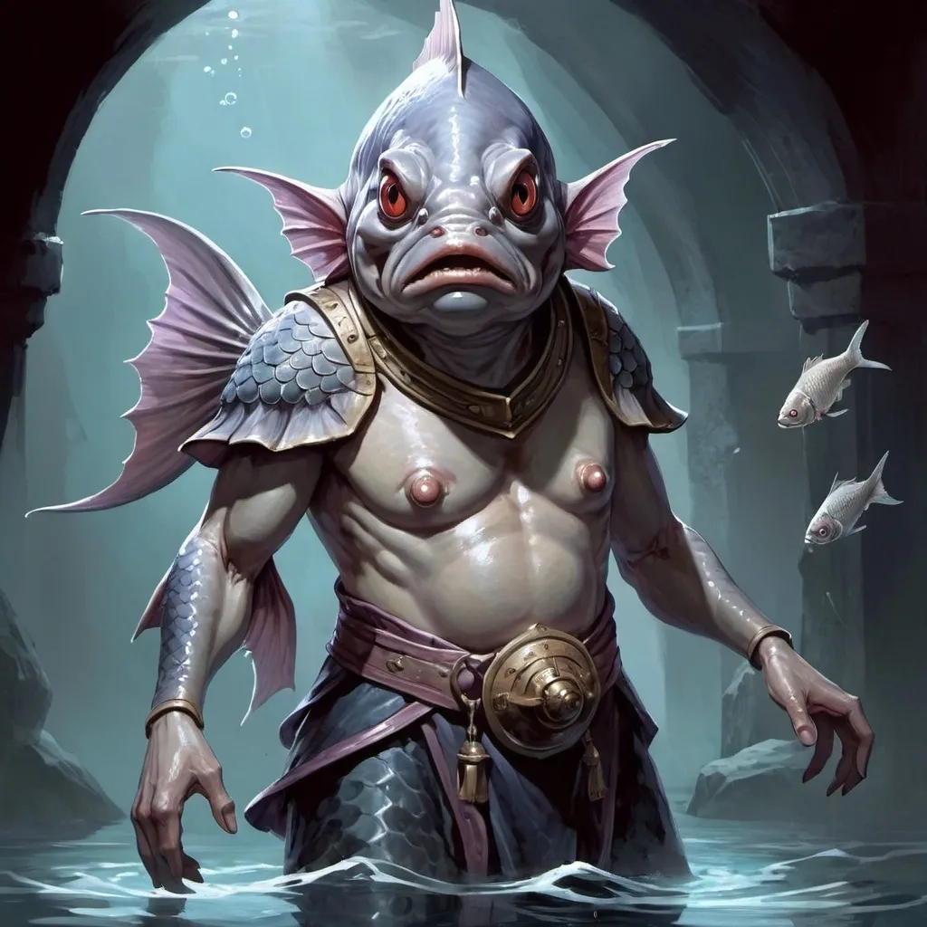 Prompt: Kuo-Tao (fish humanoid), Dungeons and Dragons Character Art Style, Dark Fantasy Style, D&D character portrait, fantasy art, oil painting, Dark atmosphere