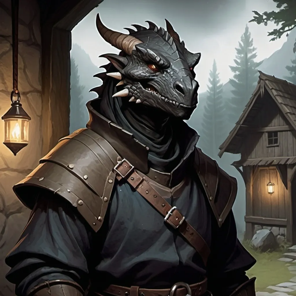 Prompt: Black Dragonborn village commoner, Dungeons and Dragons Character Art Style, Dark Fantasy Style, D&D character portrait, fantasy art, oil painting, Dark atmosphere