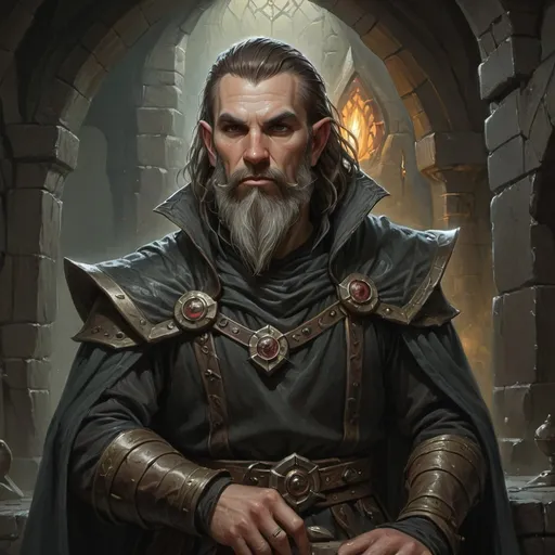 Prompt: Guildmaster, Human, 50s, Male, Dungeons and Dragons Character Art Style, Dark Fantasy Style, D&D character portrait, fantasy art, oil painting, Dark atmosphere
