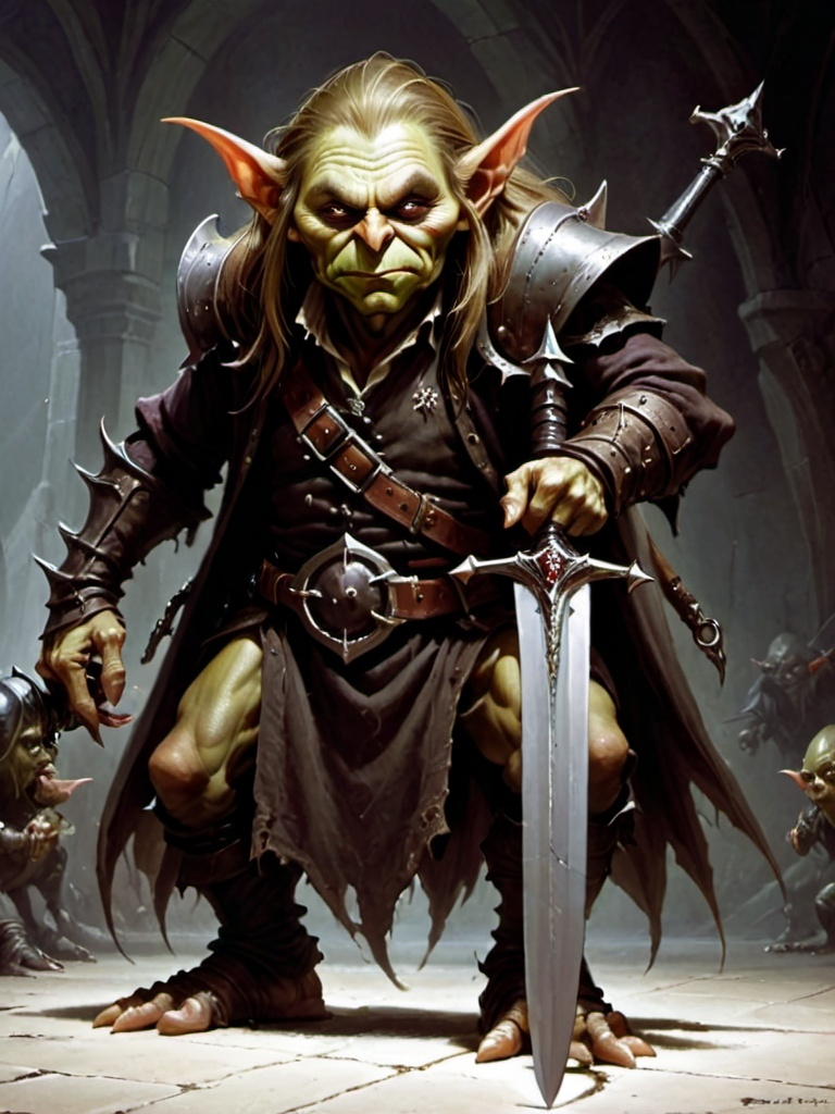 Prompt: Goblin King,  He is big, very evil looking in the face, LARGE, has a large sword