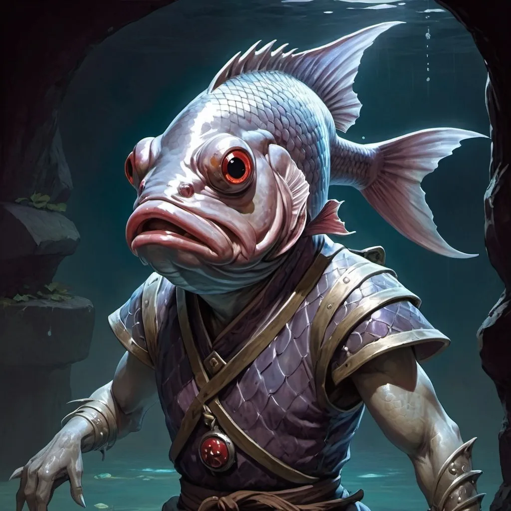 Prompt: Kuo-Tao (fish humanoid), Dungeons and Dragons Character Art Style, Dark Fantasy Style, D&D character portrait, fantasy art, oil painting, Dark atmosphere