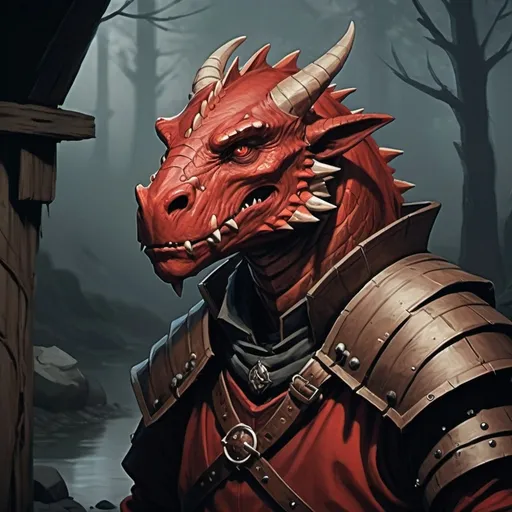 Prompt: Red Dragonborn village commoner, Dungeons and Dragons Character Art Style, Dark Fantasy Style, D&D character portrait, fantasy art, oil painting, Dark atmosphere