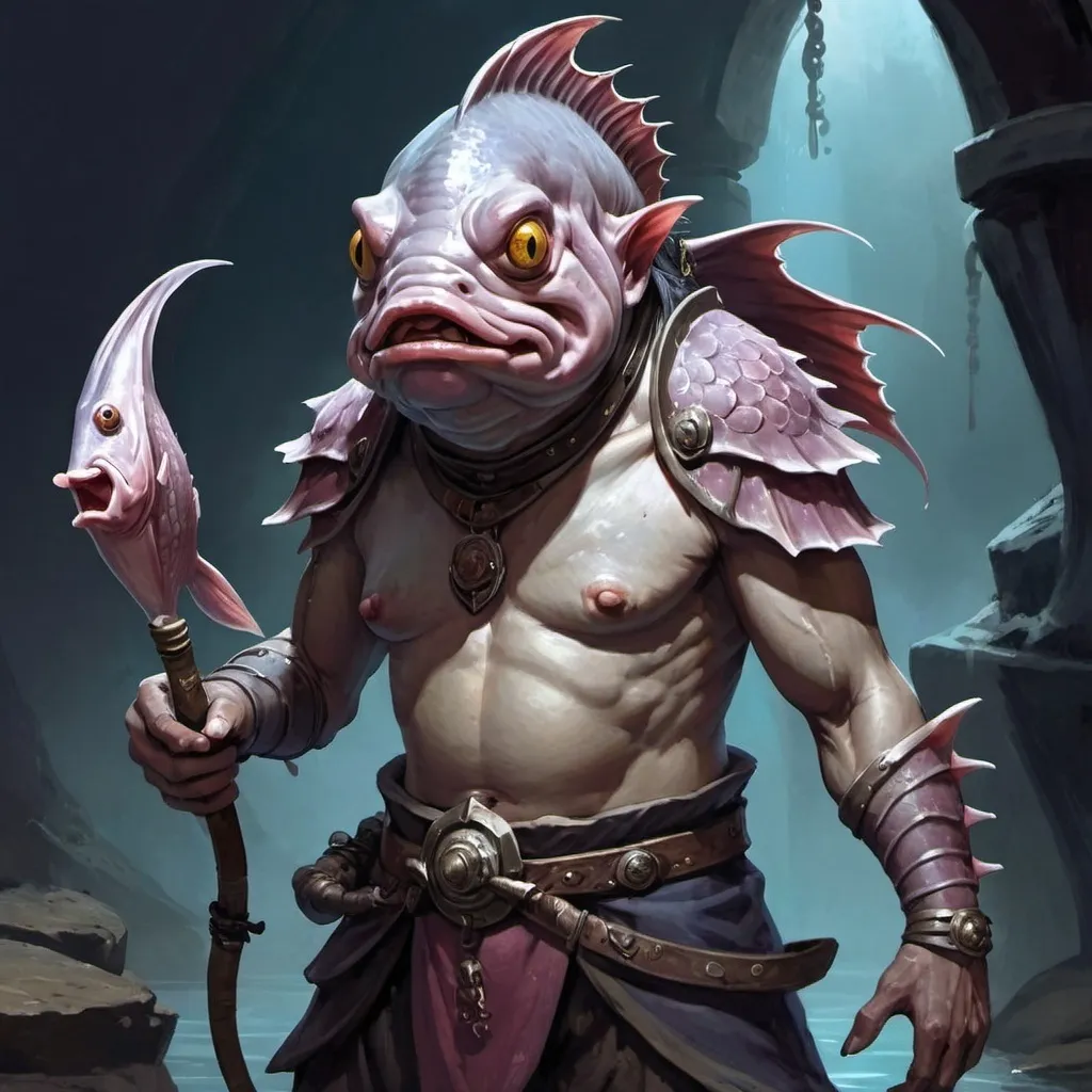 Prompt: Kuo-Tao (fish humanoid), Dungeons and Dragons Character Art Style, Dark Fantasy Style, D&D character portrait, fantasy art, oil painting, Dark atmosphere