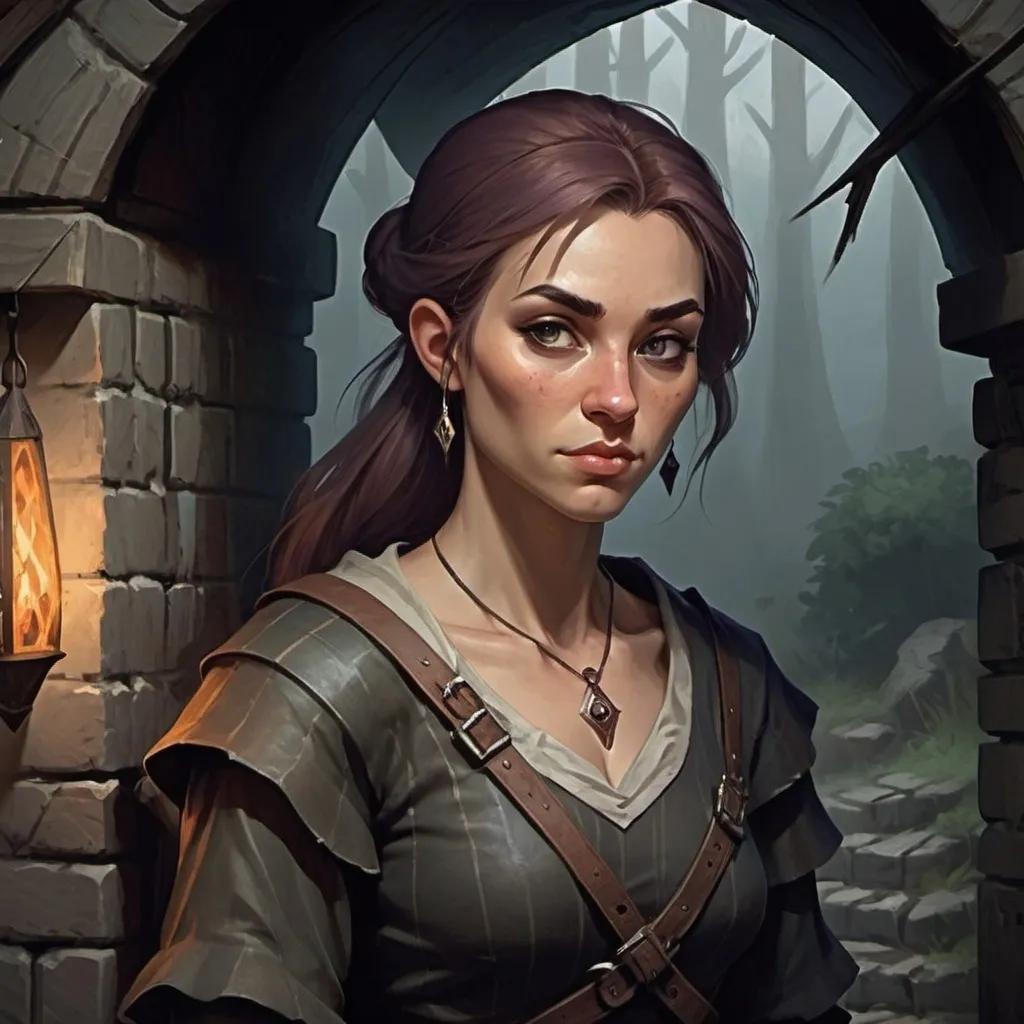 Prompt: female village commoner, Dungeons and Dragons Character Art Style, Dark Fantasy Style, D&D character portrait, fantasy art, oil painting, Dark atmosphere