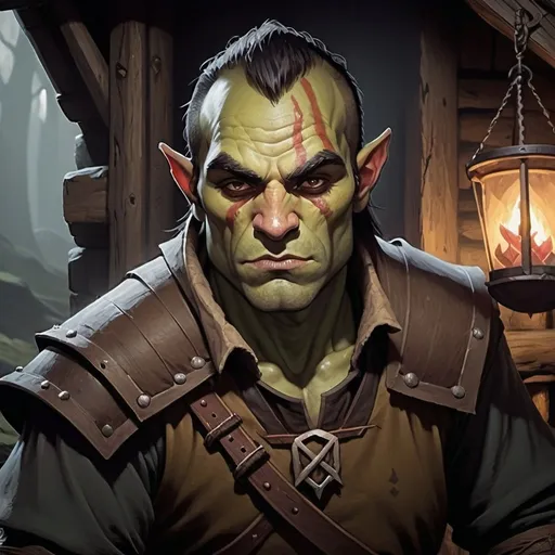 Prompt: half-orc village commoner, Dungeons and Dragons Character Art Style, Dark Fantasy Style, D&D character portrait, fantasy art, oil painting, Dark atmosphere