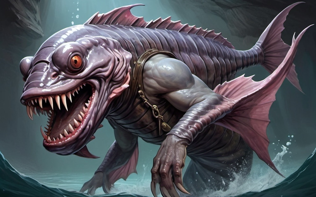 Prompt: kuo toa leviathan (Fish huge monster humanoid), Dungeons and Dragons Character Art Style, Dark Fantasy Style, D&D character portrait, fantasy art, oil painting, Dark atmosphere