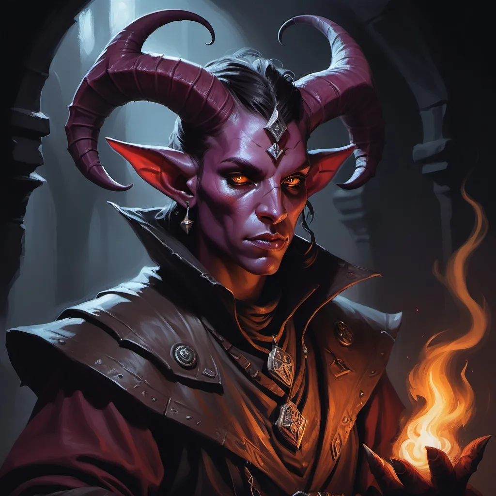 Prompt: Tiefling Bandit Warlock, Mage armor, Dungeons and Dragons Character Art Style, Dark Fantasy Style, D&D character portrait, fantasy art, oil painting, Dark atmosphere