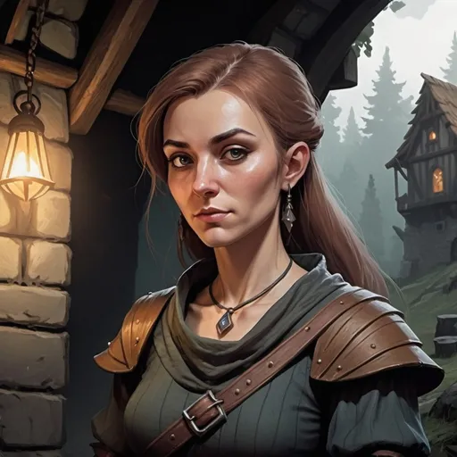 Prompt: female village commoner, Dungeons and Dragons Character Art Style, Dark Fantasy Style, D&D character portrait, fantasy art, oil painting, Dark atmosphere