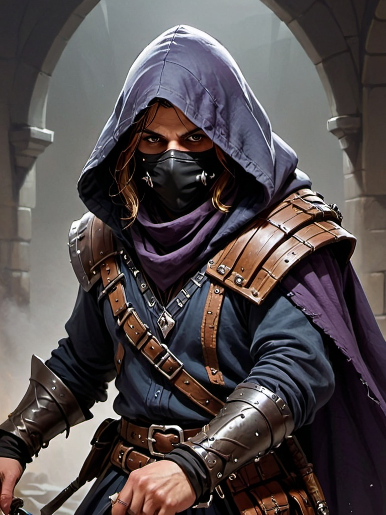 Prompt: bandit, dnd themed, hooded but their face is visible, they would be a front line fighter