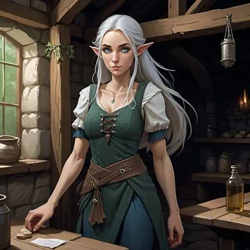 Prompt: Lirael is a slender elf with long, silver hair that cascades down her back like a waterfall. Her sharp, angular features are accentuated by her bright blue eyes, which seem to sparkle with mischief. She wears a simple yet elegant green dress that complements the earthy tones of the inn, with an apron tied around her waist. Lirael moves with grace and agility, making her quick to navigate through the bustling tavern. Dungeons and Dragons Character Art Style, Dark Fantasy Style, D&D character portrait, fantasy art, oil painting, Dark atmosphere