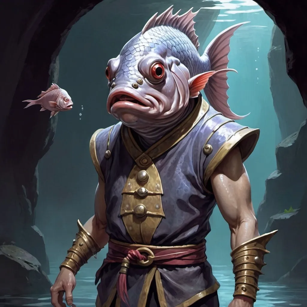 Prompt: Kuo-Tao (fish humanoid), Dungeons and Dragons Character Art Style, Dark Fantasy Style, D&D character portrait, fantasy art, oil painting, Dark atmosphere