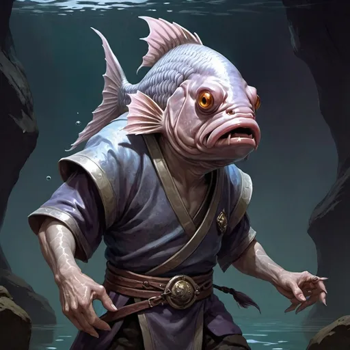 Prompt: Kuo-Tao (fish humanoid), Dungeons and Dragons Character Art Style, Dark Fantasy Style, D&D character portrait, fantasy art, oil painting, Dark atmosphere