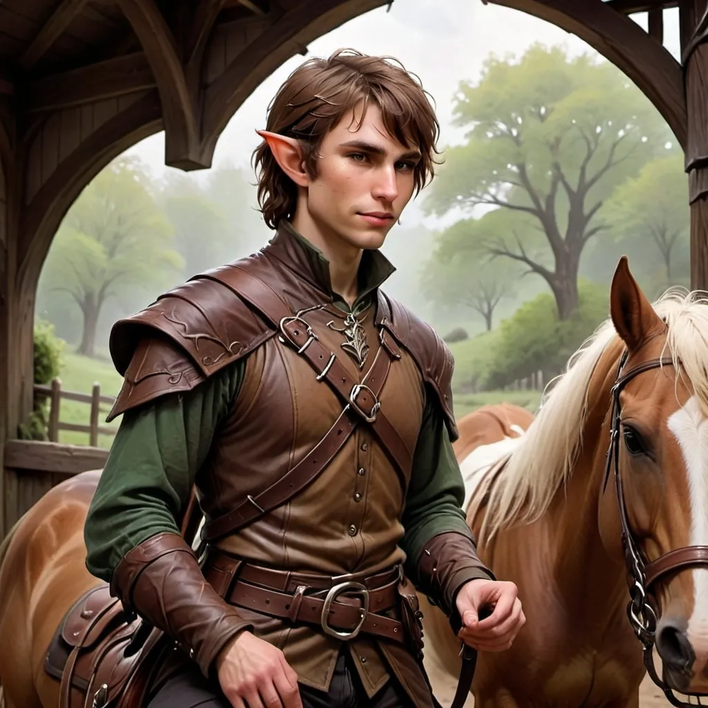 Prompt: Dnd Themed, Thomas is a lanky half-elf in his early 20s with short, messy brown hair and a quiet demeanor. He’s usually found tending to the horses and other animals in the stables behind the inn. His clothes are often dirty from working with the animals, and his hands are calloused from years of handling reins and saddles. Despite his rugged appearance, he moves with the grace of his elven heritage.