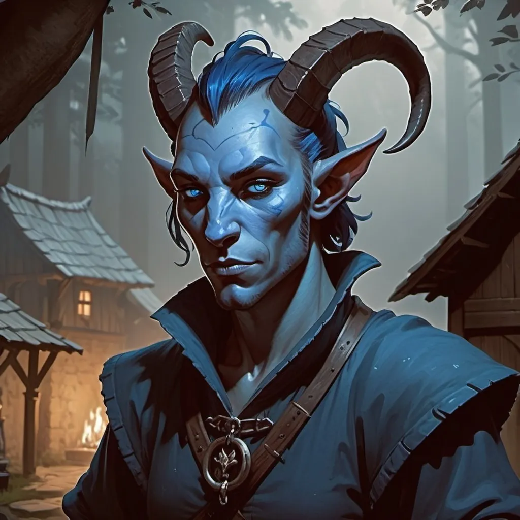 Prompt: blue Tiefling village commoner, Dungeons and Dragons Character Art Style, Dark Fantasy Style, D&D character portrait, fantasy art, oil painting, Dark atmosphere