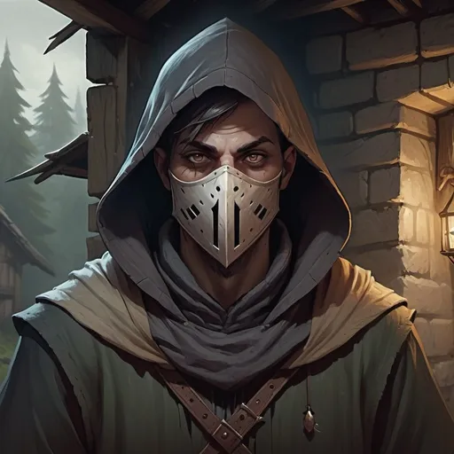 Prompt: hooded and masked village commoner, Dungeons and Dragons Character Art Style, Dark Fantasy Style, D&D character portrait, fantasy art, oil painting, Dark atmosphere