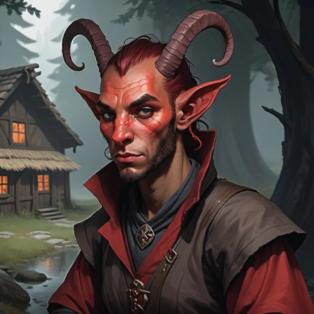 Prompt: red Tiefling village commoner, Dungeons and Dragons Character Art Style, Dark Fantasy Style, D&D character portrait, fantasy art, oil painting, Dark atmosphere