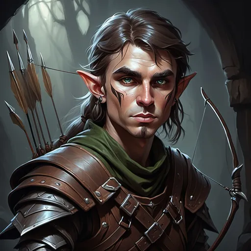 Prompt: Elf Bandit Archer, Leather armor, Longbow, Dungeons and Dragons Character Art Style, Dark Fantasy Style, D&D character portrait, fantasy art, oil painting, Dark atmosphere