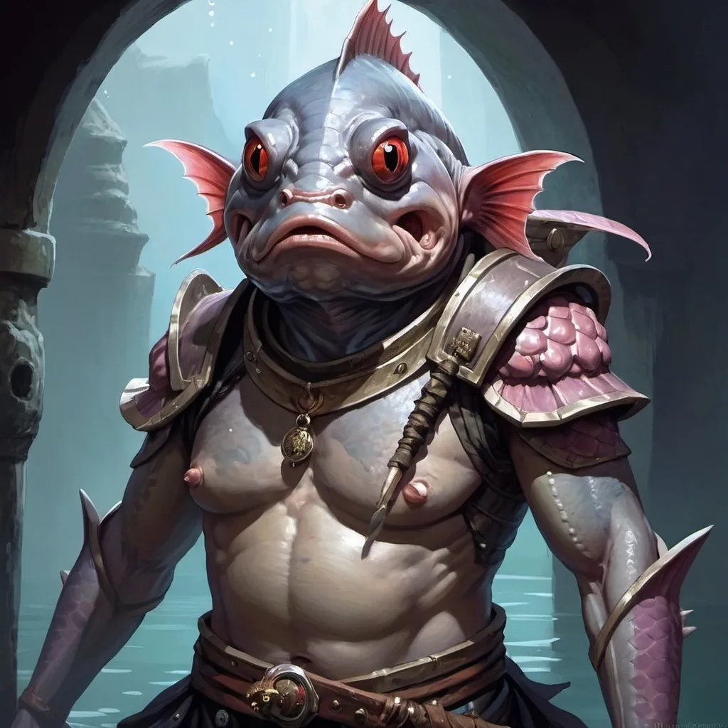 Prompt: Kuo-Tao (fish humanoid), Dungeons and Dragons Character Art Style, Dark Fantasy Style, D&D character portrait, fantasy art, oil painting, Dark atmosphere