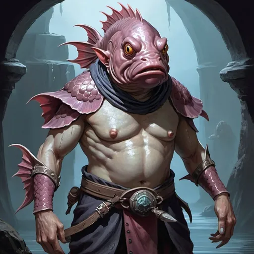 Prompt: Kuo-Tao (fish humanoid), Dungeons and Dragons Character Art Style, Dark Fantasy Style, D&D character portrait, fantasy art, oil painting, Dark atmosphere