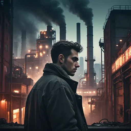 Prompt: A man standing in a dense industrial city