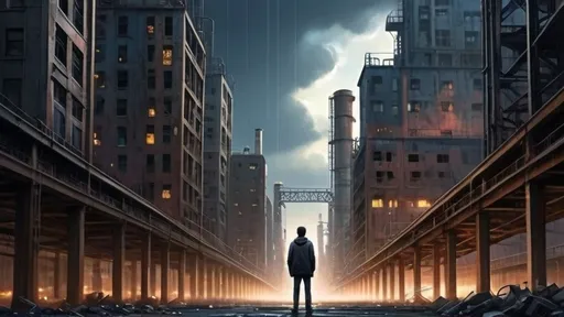 Prompt: A man stands in a dense industrial city and looks up at the sky