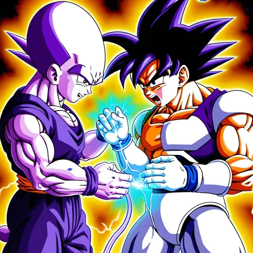 Prompt: goku from dragon ball z explaining electricity to frieza on namek