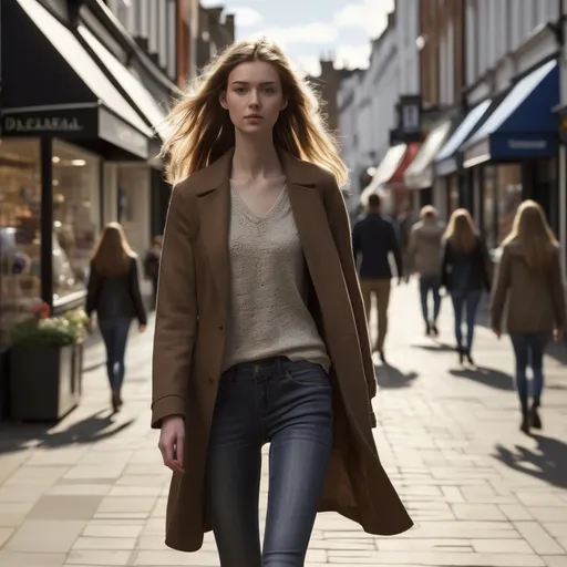 Prompt: Tall young woman walking down the high street, detailed clothing, realistic, natural lighting