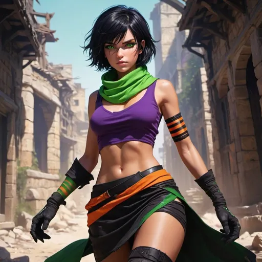 Prompt: Fantasy hunter with bright green eyes, black French bob hair, purple top with orange stripes, sleeveless design, open chest, black gloves, green scarf, ripped black skirt, bare feet, highres, detailed, fantasy, vibrant colors, action-packed, vivid lighting