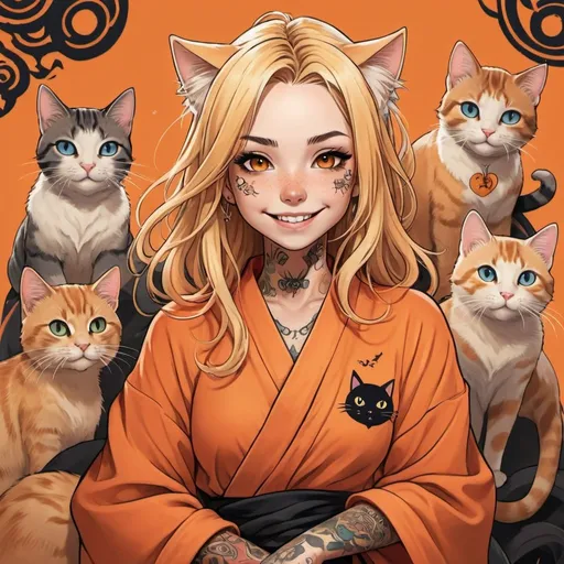 Prompt: Anime illustration of a cheerful female in an orange robe, long blond hair with intricate tattoos covering her body, black bandana with cat symbol, surrounded by playful cats, vibrant and warm color tones, detailed eyes and tattoos, highres, anime, cheerful, vibrant, detailed hair, playful cats, warm tones, tattooed body, professional, expressive lighting