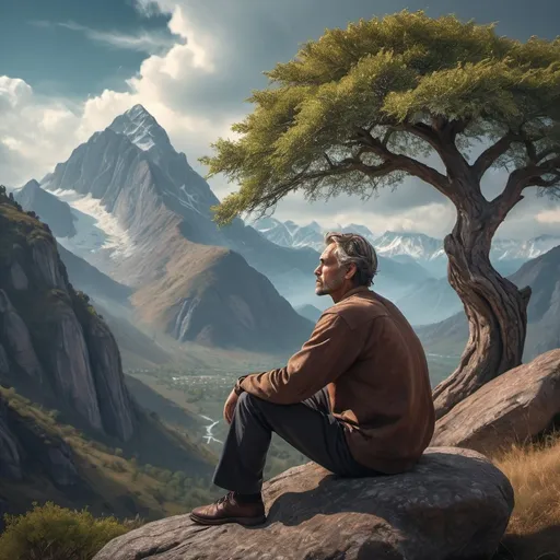 Prompt: (cinematic character portrait) a man sitting thoughtfully on a rock, (head tilted right), next to a majestic tree, with breathtaking mountains in the background, (dramatic sky) creating an immersive atmosphere, high detail, (rich colors), (ultra-detailed), cinematic composition, peaceful vibe, capturing a sense of reflection and tranquility.