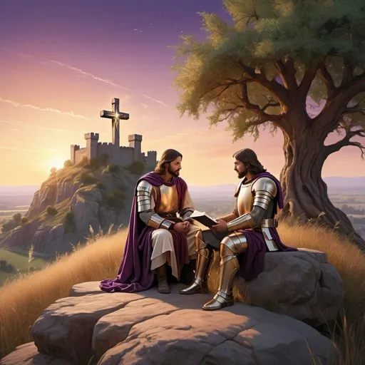 Prompt: Jesus sitting with a soldier knight in glowing armor on a cliff with a tree behind them and tall grass, castle in the distance, golden and purple sky sunset, hyper realistic, volumetric lighting, reading the Bible, Holy Spirit floating around the tree,
Wooden cross in the distance, 