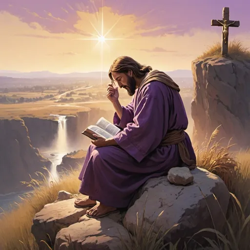 Prompt: A man sitting down on a rock on a cliff crying reading the Bible, with Jesus sitting next to him on another rock, wooden cross next to them with purple and golden sunlight shining behind it, tall grass, kingdoms in the background 
