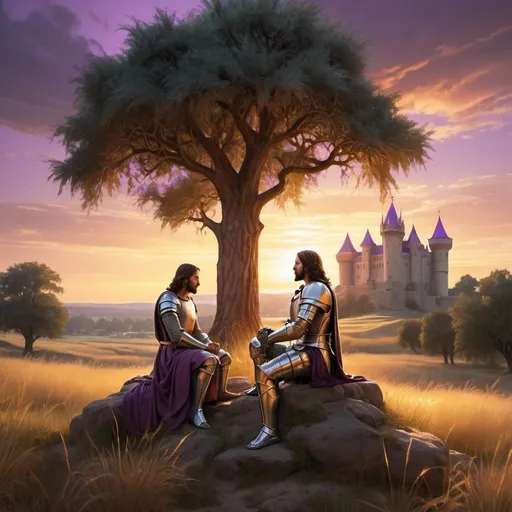 Prompt: Jesus sitting with a knight in glowing armor with a tree behind them and tall grass, castle in the distance, golden and purple sky sunset, hyper realistic, volumetric lighting 