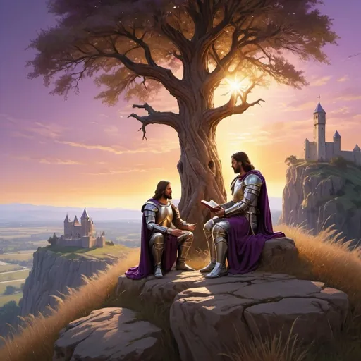 Prompt: Jesus sitting with a soldier knight in glowing armor on a cliff with a tree behind them and tall grass, castle in the distance, golden and purple sky sunset, hyper realistic, volumetric lighting, reading the Bible, Holy Spirit floating around the tree,
Wooden cross in the distance, 