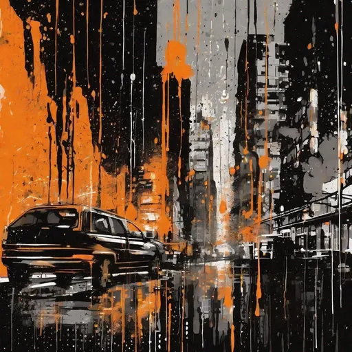 Prompt: Graffiti, splatter painting of rain falling on window glass in  a metro city background in black and orange background 