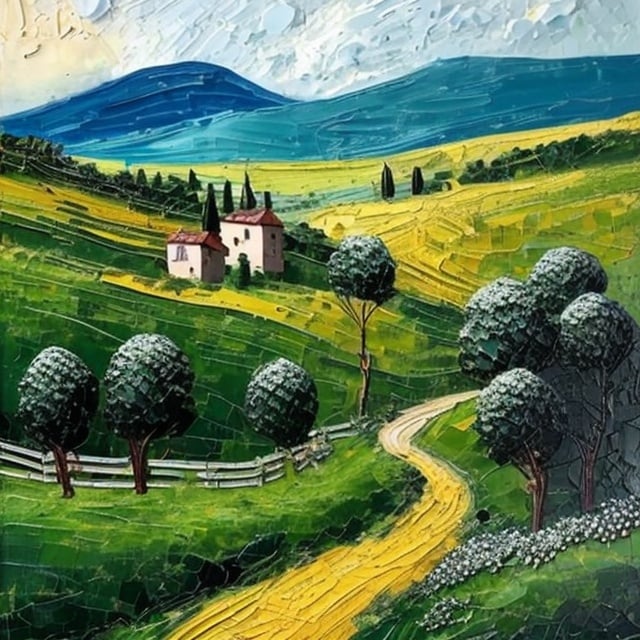 Prompt: thick impasto oil painting of a village paved black road with green fields on both sides having dandellions and a hill in the background 