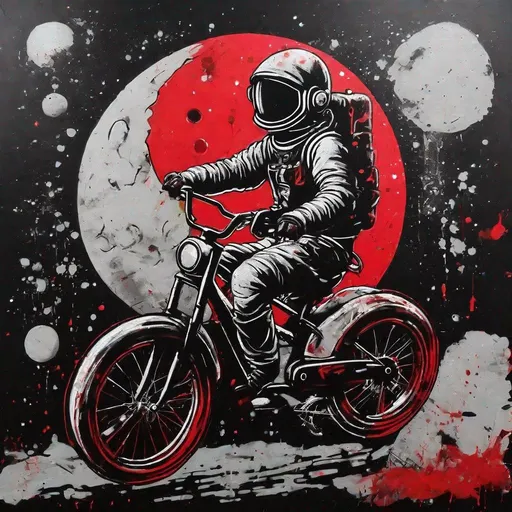 Prompt: Graffiti, splatter painting of astronaunt riding a bike on moon, black and red background