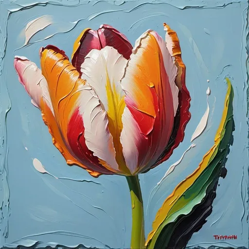 Prompt: thick impasto oil painting of a tulip flower, thick bumpy paint strokes
