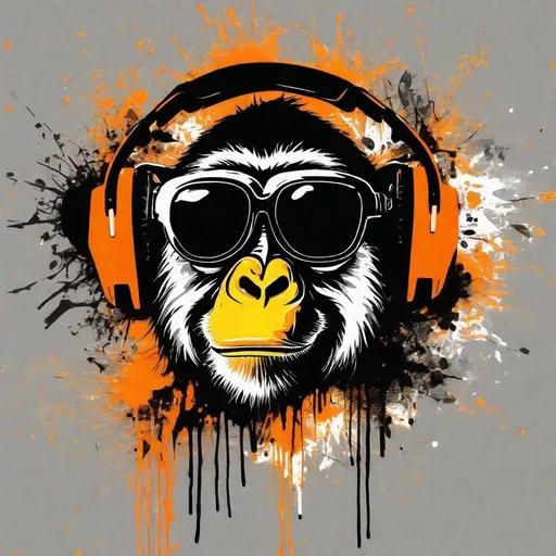 Prompt: Graffiti, splatter painting of monkey face wearing headphone and sun glasses in black and orange background 