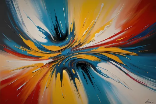 Prompt: Colorful abstract painting with vibrant brushstrokes, mix of warm and cool tones, high quality, oil on canvas, textured, dynamic composition, expressive, modern art, bold color contrasts, professional, contemporary, grey background with colorful swirls, vibrant palette, fluid motion, bright and vivid, abstract, artistic