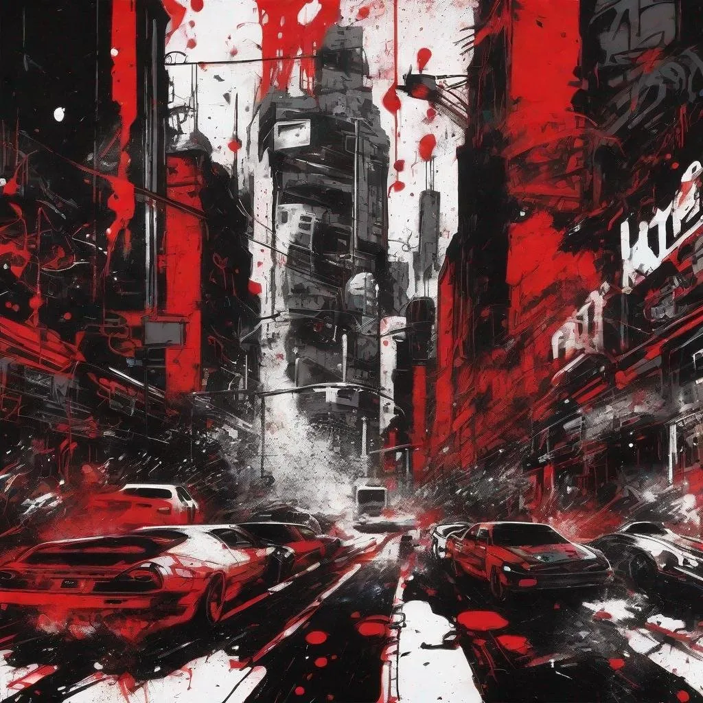 Prompt: Graffiti, splatter painting of cyberpunk city-life, black and red background, flying bikes and cars