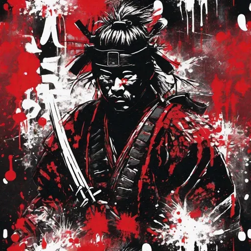 Prompt: Graffiti, splatter painting of samurai with guns, black and red background