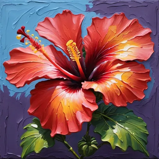 Prompt: thick impasto oil painting of a hibiscus flower, thick bumpy paint strokes
