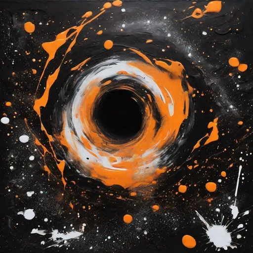 Prompt: Graffiti, splatter painting of milky way galaxy being eaten in a black hole in black and orange background 