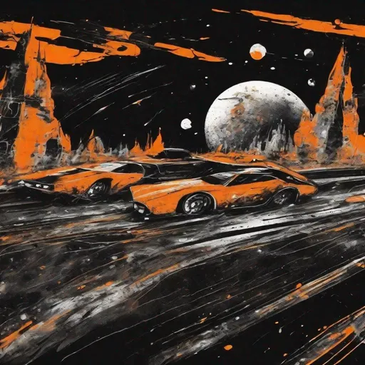 Prompt: Graffiti, splatter painting of cars running on highway on surface of moon in black and orange background 