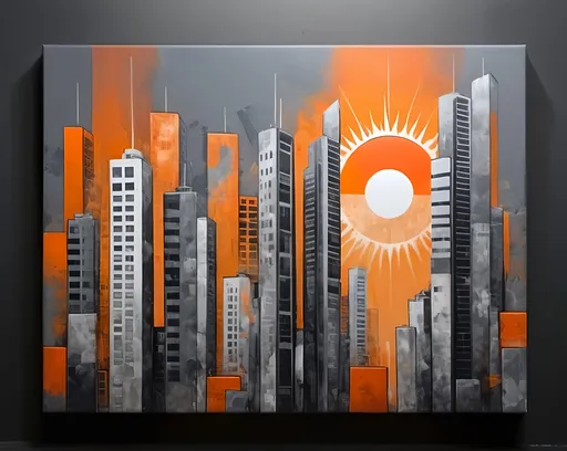 Prompt: abstract art wall painting with grey background of sun in orange colour overlooking a highrise tech city street in shades of grey  