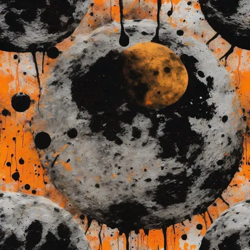 Prompt: Graffiti, splatter painting of close up of surface of moon in black and orange background 